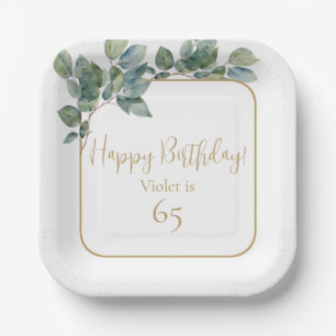 Elegant watercolor eucalyptus botanical birthday paper plate