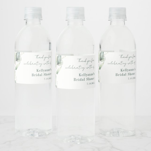 Elegant Watercolor Eucalyptus Bridal Shower Custom Water Bottle Label (Bottles)