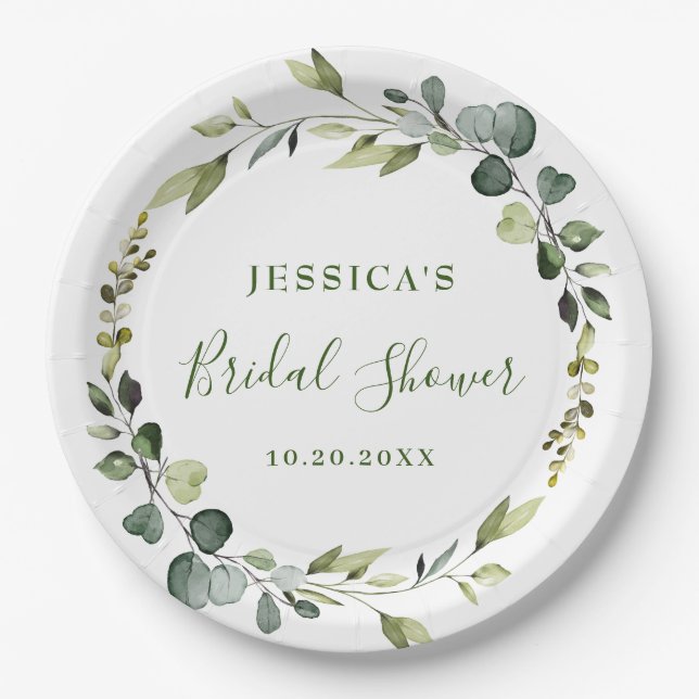 Elegant Watercolor Eucalyptus Bridal Shower Paper Plate (Front)