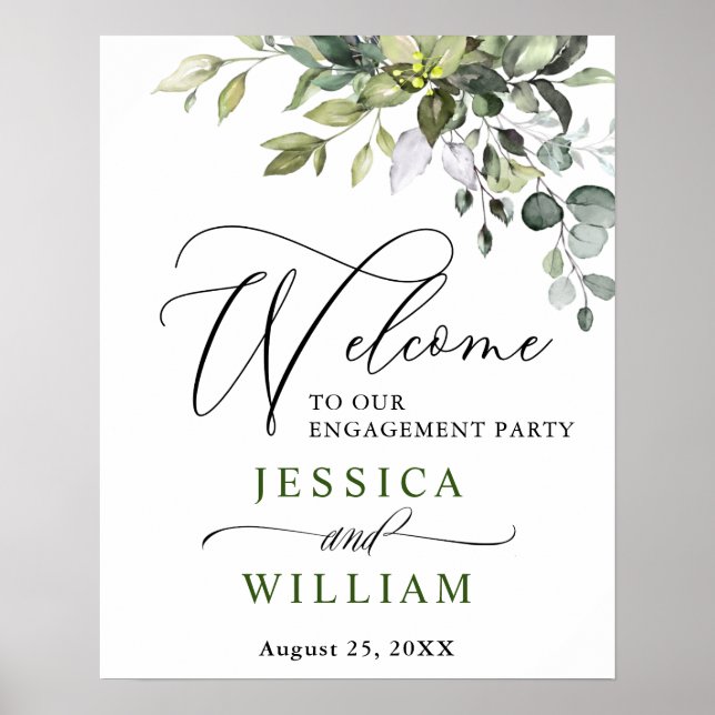 Elegant Watercolor Eucalyptus Engagement Party Poster (Front)