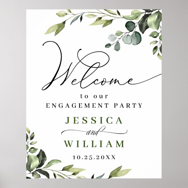 Elegant Watercolor Eucalyptus Engagement Party Poster (Front)
