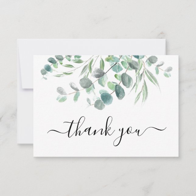 Elegant Watercolor Eucalyptus Greenery Script Thank You Card (Front)