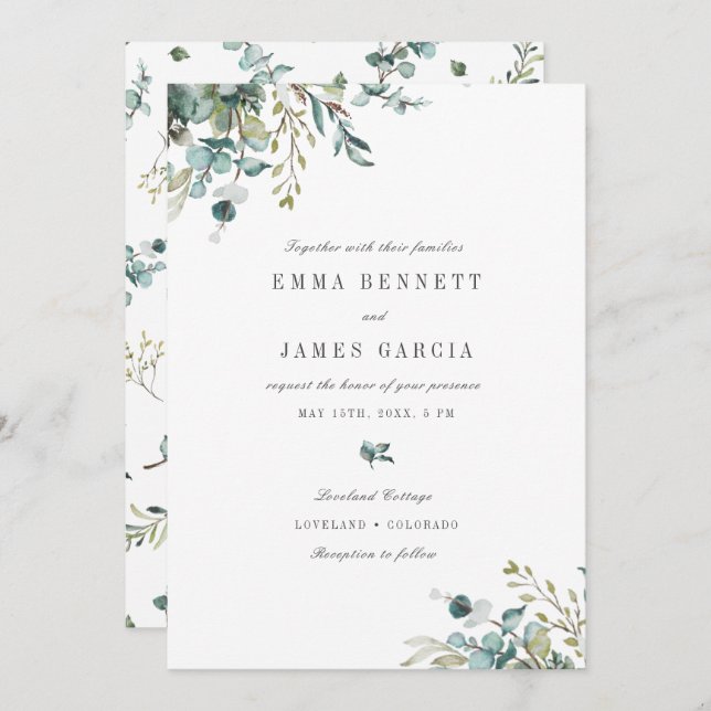 Elegant Watercolor Eucalyptus Greenery Wedding Inv Invitation (Front/Back)