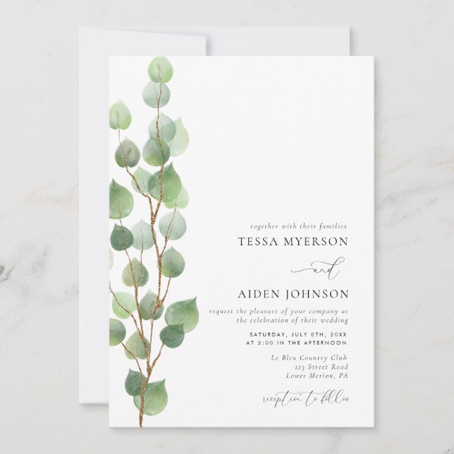 Elegant Watercolor Eucalyptus Greenery Wedding Invitation (Front)