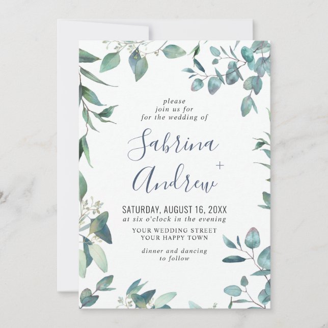 Elegant Watercolor Eucalyptus Greenery Wedding Invitation (Front)