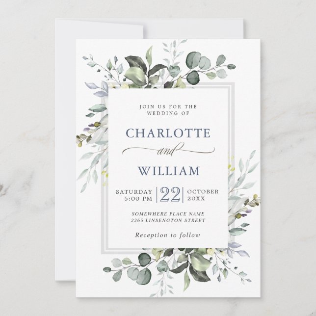 Elegant Watercolor Eucalyptus Greenery Wedding Invitation (Front)