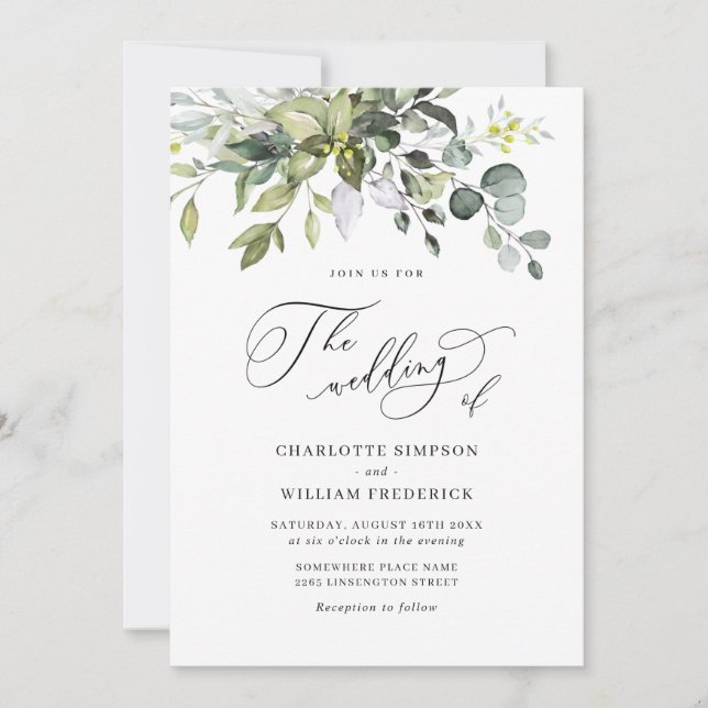 Elegant Watercolor Eucalyptus Greenery Wedding Invitation (Front)