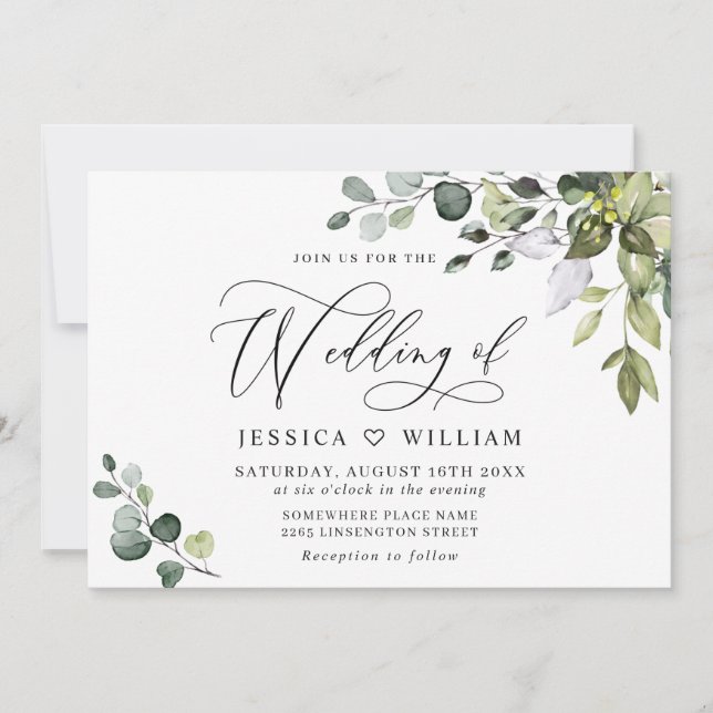 Elegant Watercolor Eucalyptus Greenery Wedding Invitation (Front)