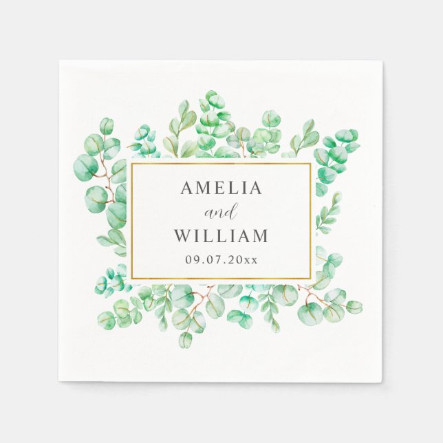 Elegant Watercolor Eucalyptus Greenery Wedding Napkin (Front)