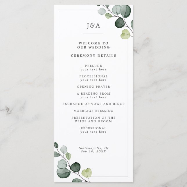 Elegant Watercolor Eucalyptus Greenery Wedding Programme (Front)
