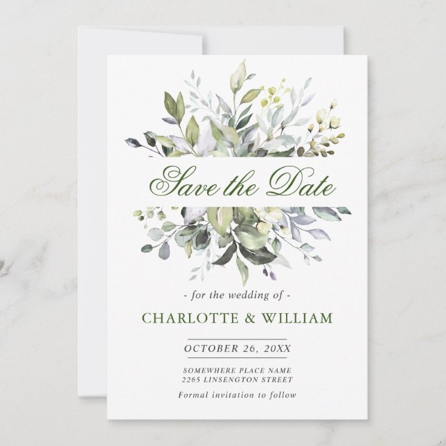 Elegant Watercolor Eucalyptus Greenery Wedding Save The Date (Front)