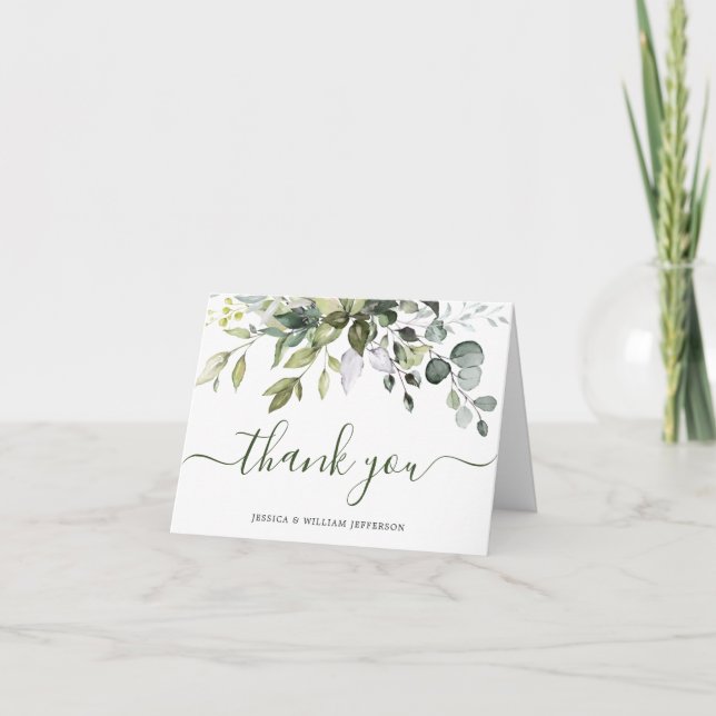 Elegant Watercolor Eucalyptus Greenery Wedding Thank You Card (Front)