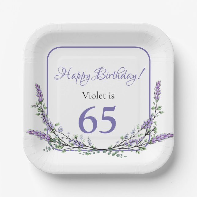 Elegant watercolor eucalyptus lavender birthday paper plate (Front)