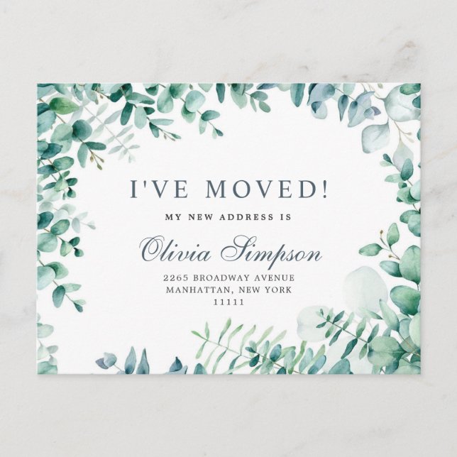 Elegant Watercolor  Eucalyptus Moving Announcement Postcard (Front)