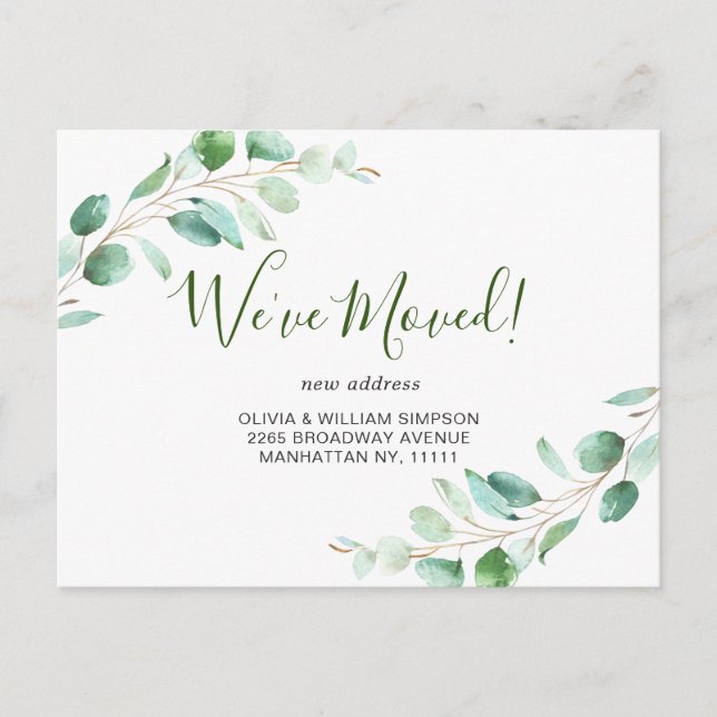 Elegant Watercolor Eucalyptus Moving Announcement Postcard (Front)