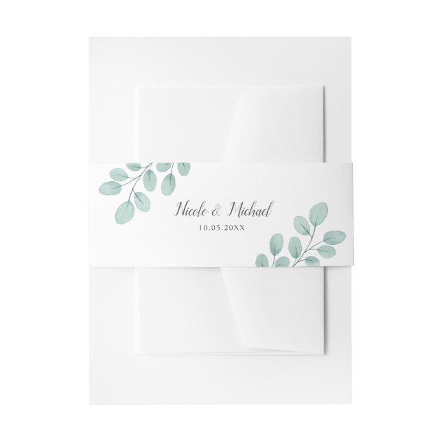 Elegant Watercolor Eucalyptus Personalised Wedding Invitation Belly Band (Front Example)