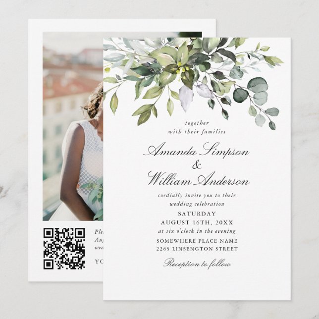 Elegant Watercolor Eucalyptus Photo QR Wedding Invitation (Front/Back)
