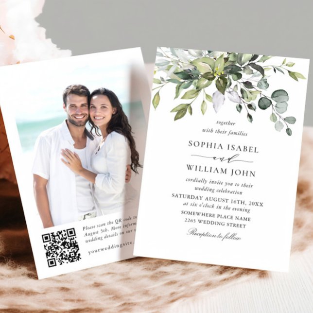 Elegant Watercolor Eucalyptus Photo QR Wedding Invitation (Creator Uploaded)
