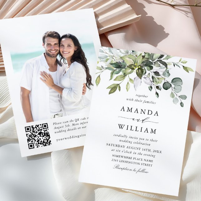 Elegant Watercolor Eucalyptus Photo QR Wedding Invitation (Creator Uploaded)