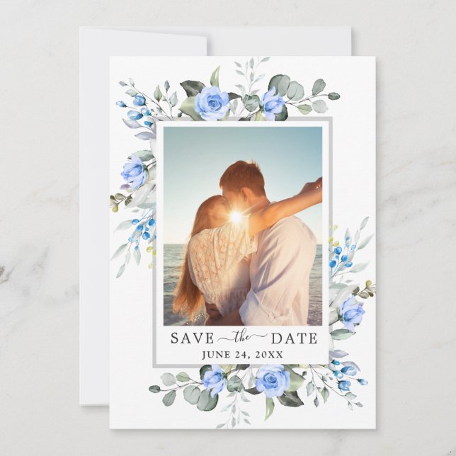 Elegant Watercolor Eucalyptus PHOTO Wedding Save Save The Date (Front)
