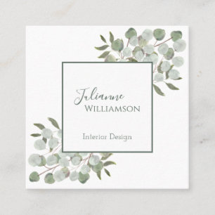 Elegant Watercolor Eucalyptus Sage Green Square Business Card