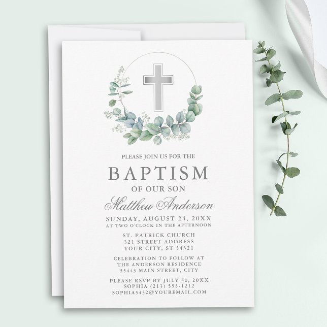Elegant Watercolor Eucalyptus Silver Baptism Invitation (Customize to change text size, style, color or to add more text or photos to back of card.)