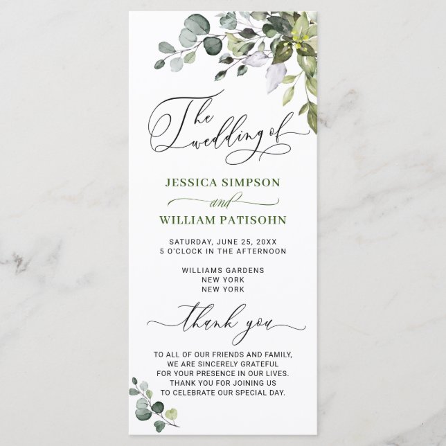 Elegant Watercolor Eucalyptus Wedding Ceremony Programme (Front)