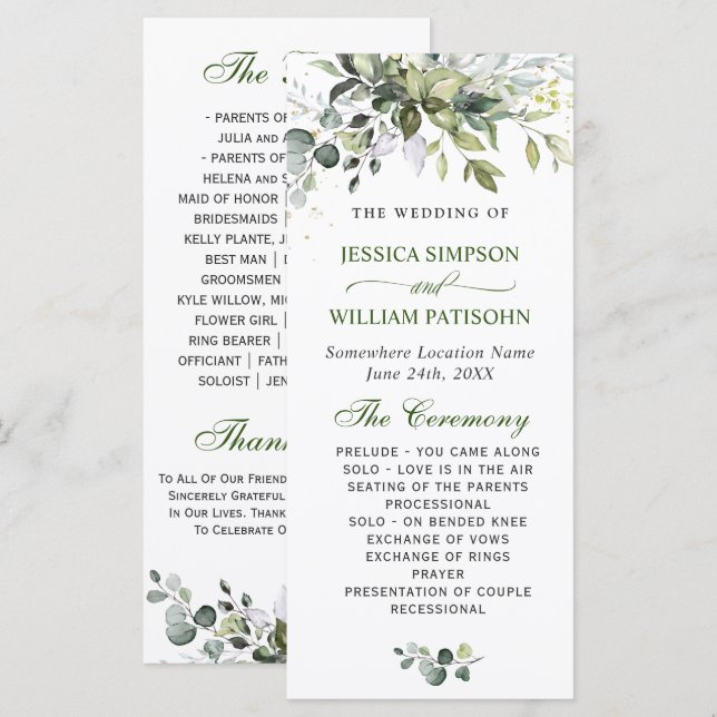Elegant Watercolor Eucalyptus Wedding Ceremony Programme (Front/Back)