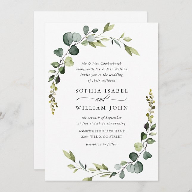 Elegant Watercolor Eucalyptus Wedding Details Invitation (Front/Back)