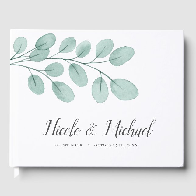 Elegant Watercolor Eucalyptus Wedding Guest Book (Front)