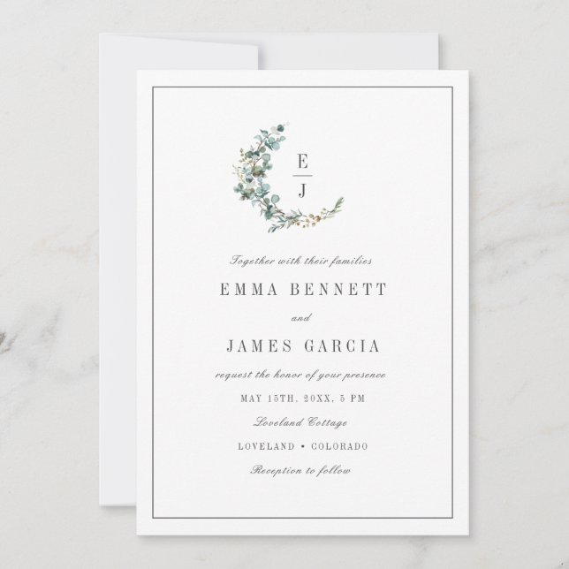 Elegant Watercolor Eucalyptus Wedding Invitation (Front)