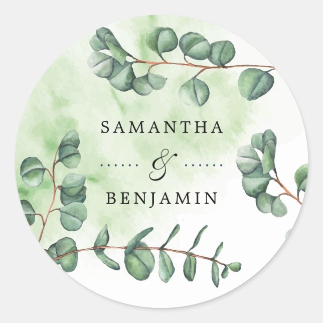 Elegant Watercolor Eucalyptus Wedding Names Classic Round Sticker (Front)