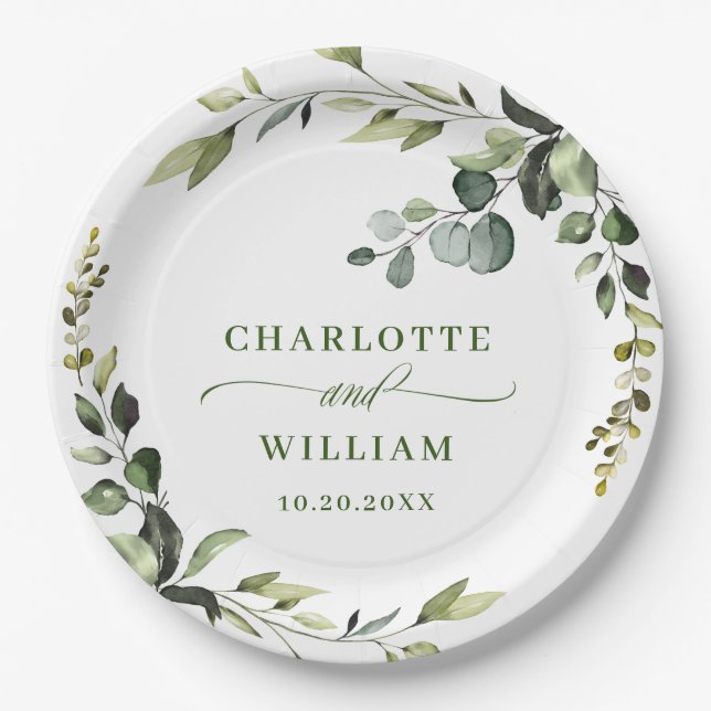 Elegant Watercolor Eucalyptus Wedding Paper Plate (Front)