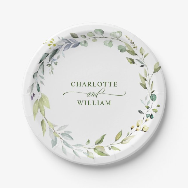 Elegant Watercolor Eucalyptus Wedding Party Paper Plate (Front)