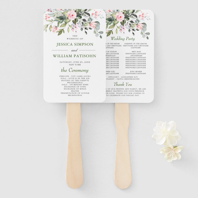 Elegant Watercolor Eucalyptus Wedding Program Hand Fan (Front and Back)