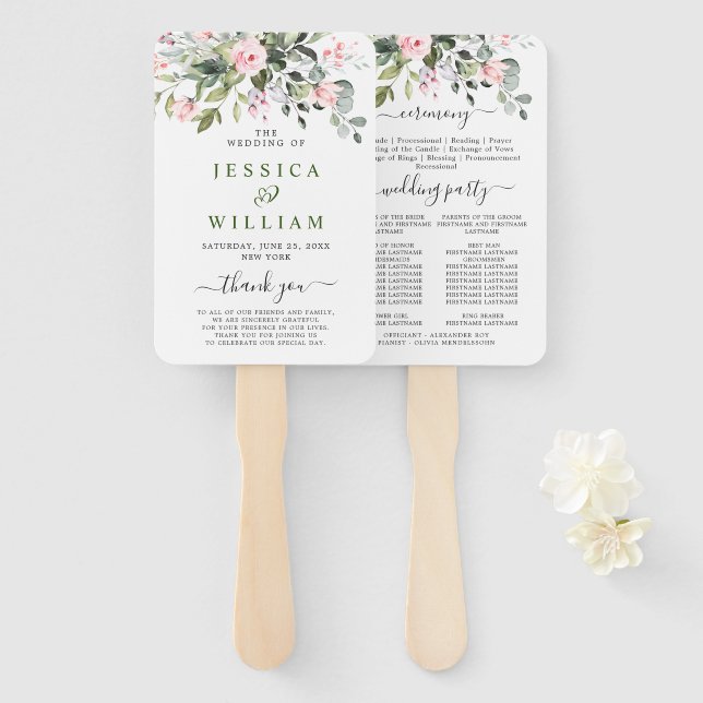 Elegant Watercolor Eucalyptus Wedding Program Hand Fan (Front and Back)