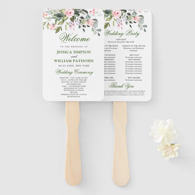Elegant Watercolor Eucalyptus Wedding Program Hand Hand Fan (Front and Back)