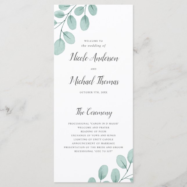 Elegant Watercolor Eucalyptus Wedding Programme (Front)