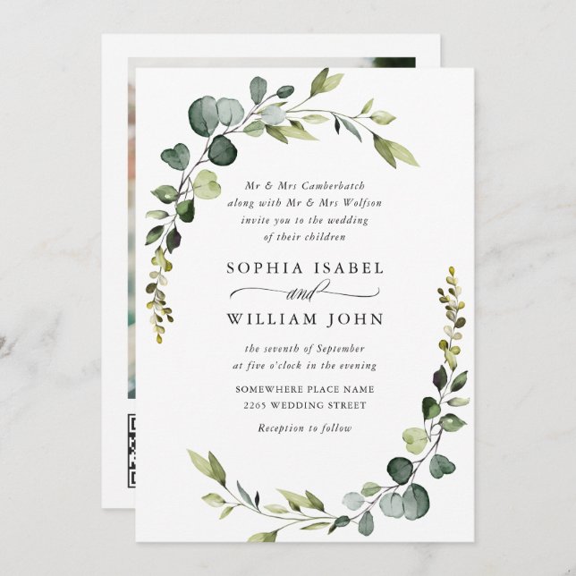 Elegant Watercolor Eucalyptus Wedding QR code Invitation (Front/Back)