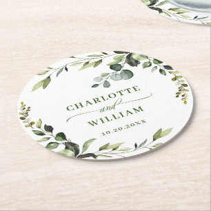 Elegant Watercolor Eucalyptus Wedding Round Paper Coaster