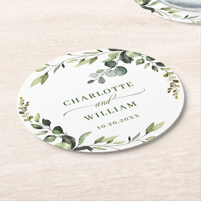 Elegant Watercolor Eucalyptus Wedding Round Paper Coaster (Angled)
