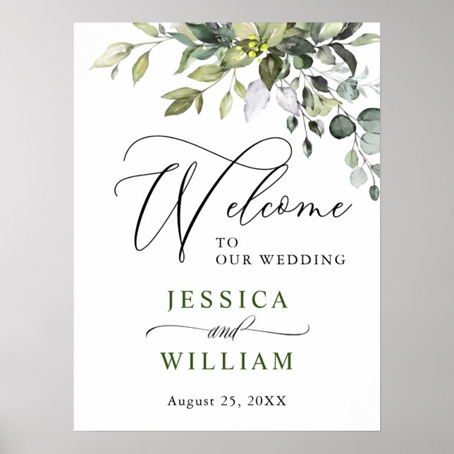 Elegant Watercolor Eucalyptus Wedding Welcome Poster (Front)