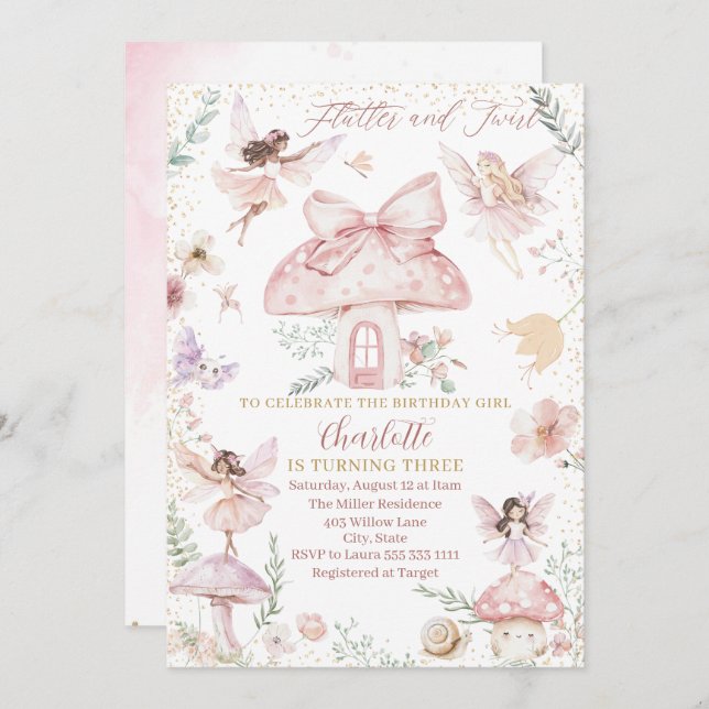 Elegant Watercolor Fairy is turning three Birthday Invitation (Front/Back)