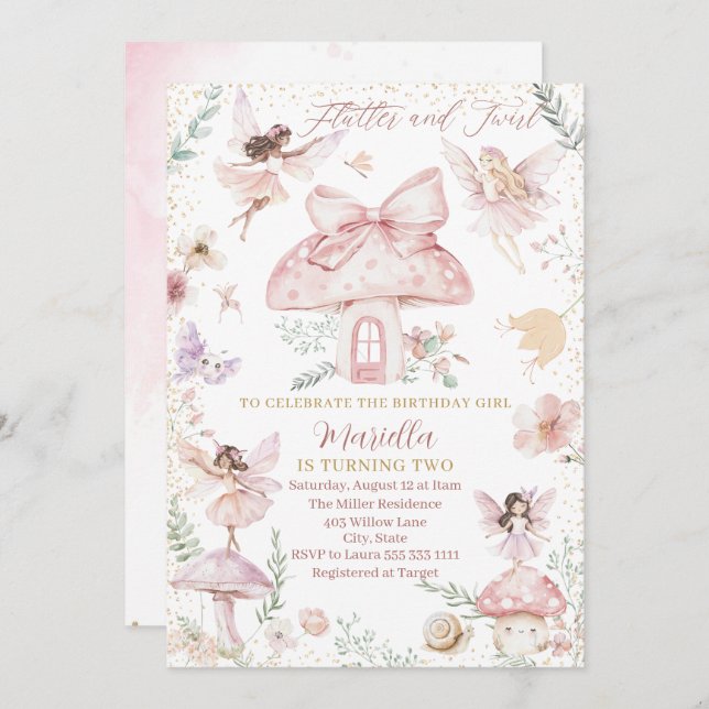 Elegant Watercolor Fairy is turning two Birthday   Invitation (Front/Back)