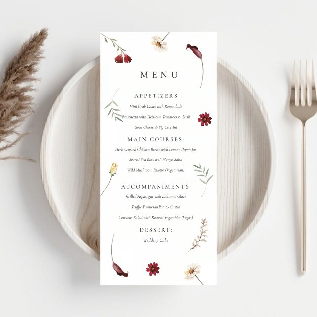 Elegant Watercolor Fall Autumn Wildflower Wedding  Menu (Elegant Watercolor Fall Autumn Wildflower Wedding Menu)