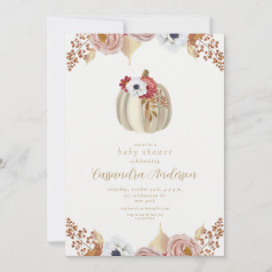 Elegant Watercolor Fall Floral Pumpkin Baby Shower Invitation