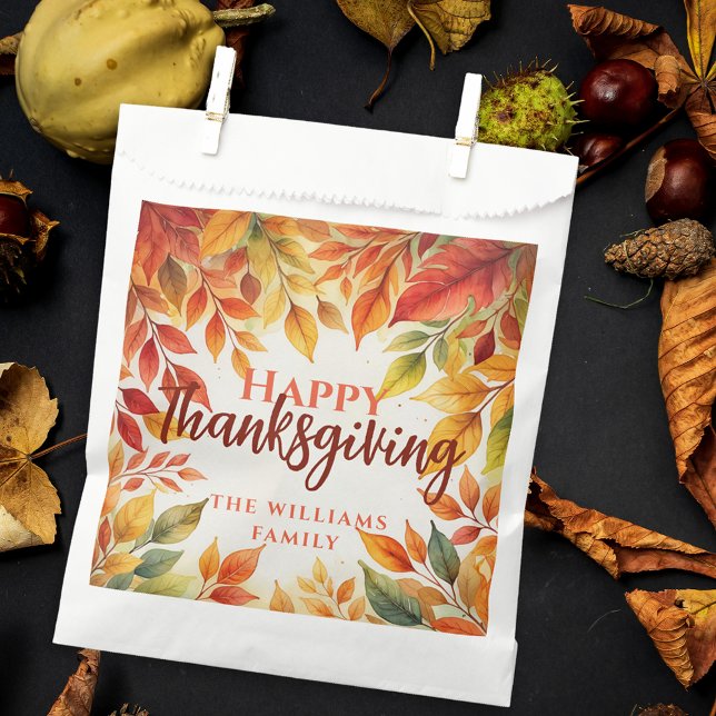 Elegant Watercolor Fall Leaves Border Thanksgiving Favour Bags (Creator Uploaded)