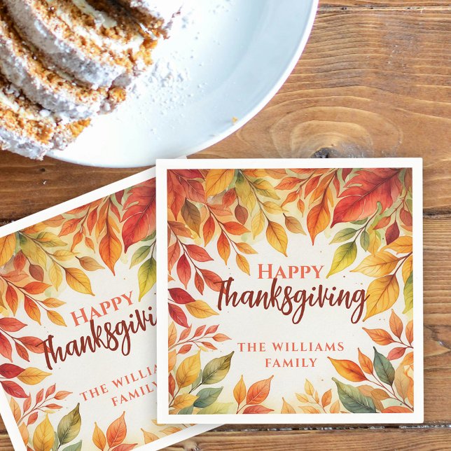 Elegant Watercolor Fall Leaves Border Thanksgiving Napkin (Creator Uploaded)