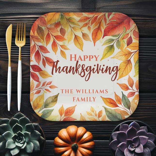 Elegant Watercolor Fall Leaves Border Thanksgiving Paper Plate (Creator Uploaded)