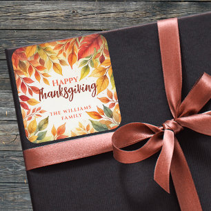 Elegant Watercolor Fall Leaves Border Thanksgiving Square Sticker